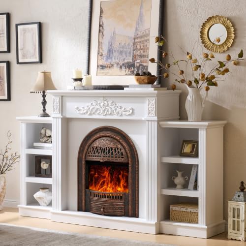 Image of 78 inch Electric Fireplace with Mantel, Electric Fireplace TV Stand White