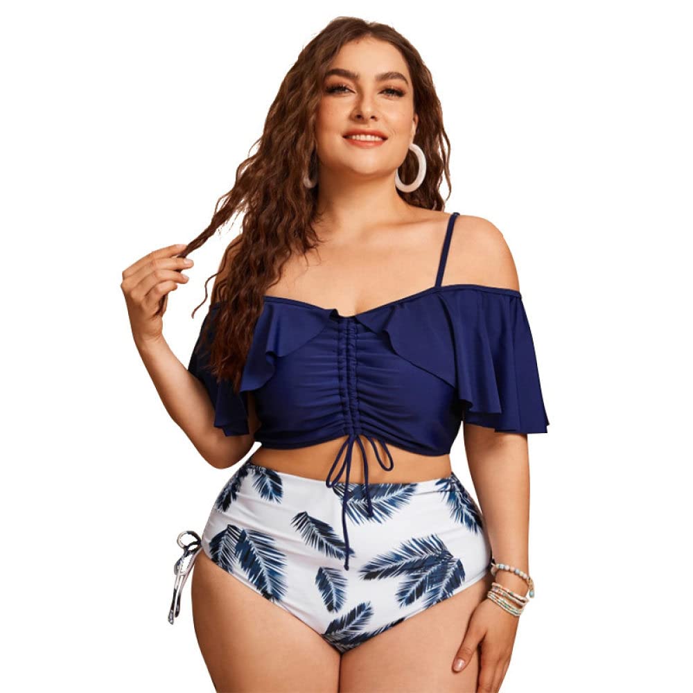 Women Two Piece Plus Size Swimsuit, Ruffle Top With Pad High Waist Tummy Control Bikini Set