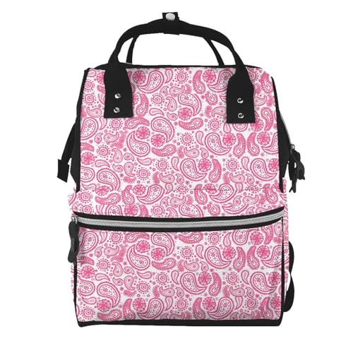 Pink Paisley Diaper Bag Backpack For Baby Girls, Mom Waterproof Large Nappy Bags For Women