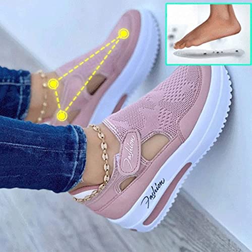 NHBEOEN Women's Orthopedic Shoes,Casual Breathable Mesh Flat Sneakers,Round Toe Thick Heel Buckle Hook Loop Work Shoes4