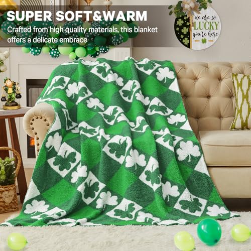 Image of CYMULA St. Patrick's Day Knit Throw Blanket - Super Soft Lightweight Plush Shamrock Clover Blanket for Couch, Bed, Sofa, 60 x 80 Inches, Irish Green