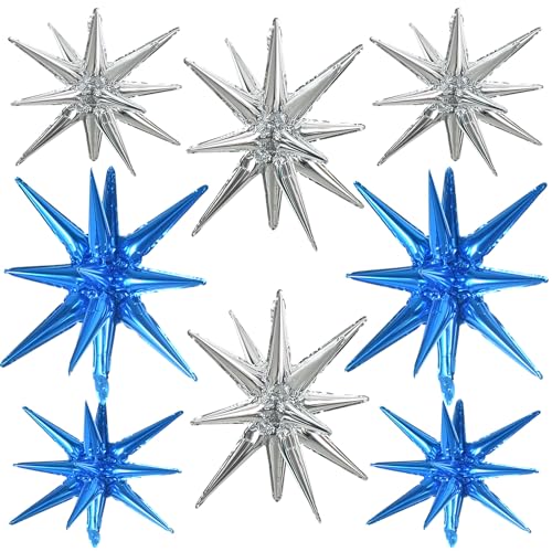 Image of TONIFUL 8 Pcs Blue and Silver Explosion Star Foil Balloon Party Decoration | 22 Inch Large Mylar Star Balloon for New Year Christmas Winter Wedding Baby Shower 30th 40th Men's Birthday Party Decor