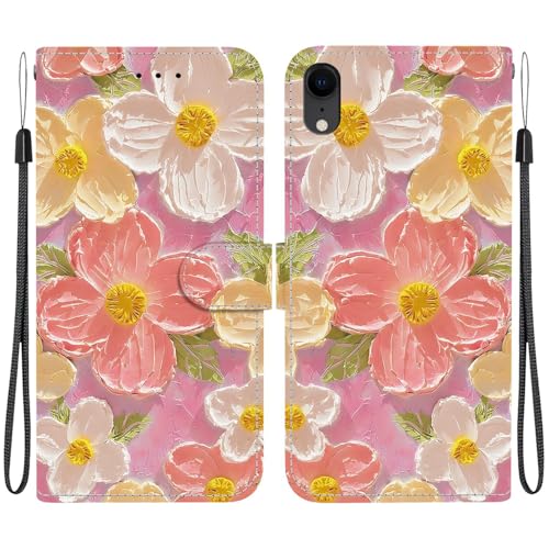 Draamvol for iPhone XR Case Wallet Shockproof Flip PU Leather Shell with Card Holder Kickstand Magnetic Closure Soft TPU Bumper Protective Phone Cover for iPhone XR Pink Flower