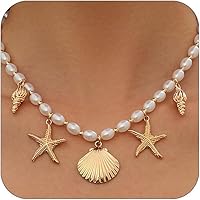 Gold Starfish Conch Oval Pearl Seashell Necklace for Women - Trendy Boho Statement Pendant Beaded Chain Beach Party Jewelry