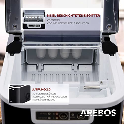 Arebos Eiswürfelmaschine | Ice Cube Maker | 12 kg / 24 h | 10-15 Minuten Produktionszeit | 2 Eiswürfel-Größen | 2,2 Liter Wassertank | Eiswürfelbereiter | Leise | Selbstreinigungsfunktion | Schwarz – Bild 5