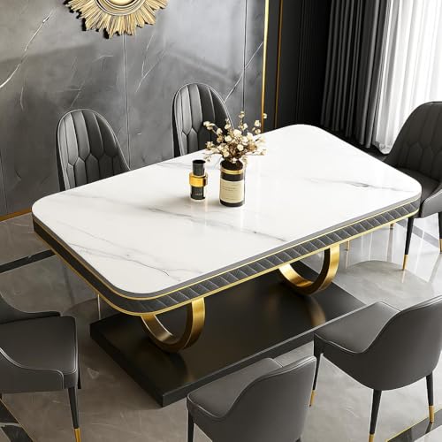 Image of 6-Seater Dining Table with Nano Composite Marble Top and PVC Golden Wooden Base |2yr Warranty - Includes 6 Fabric Upholstered Chairs (Grey, White Nano Composite Marble Top)