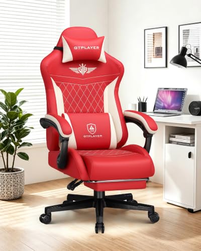 Image of GTPLAYER Gaming Chair with Footrest, Big and Tall Game Chair High Back Computer Office Chair with Lumbar Support for Adults, Ergonomic Swivel Games Chair with Cushion Gaming, Leather Red