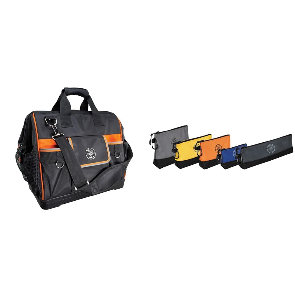 Klein Tradesman Pro Wide-Open 1680 Ballistic Tool Bag with Detachable Shoulder Strap and 5-Pack Stand-Up Zipper Bags with
