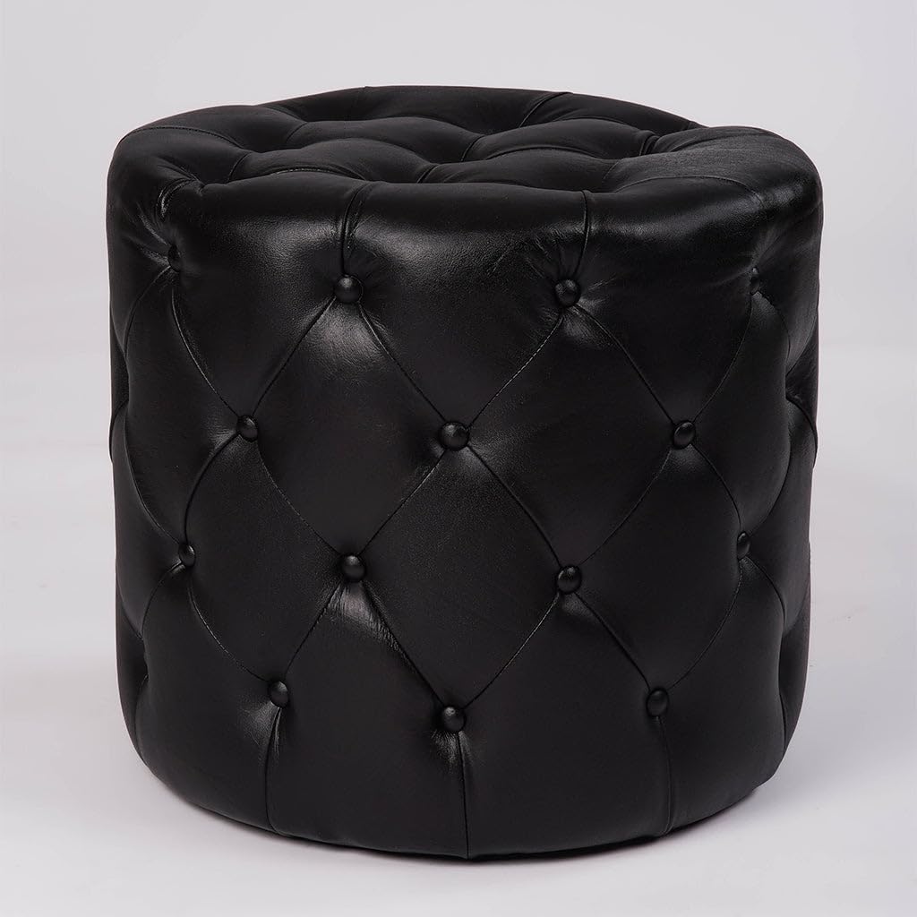 Rugsotic Carpets Round Shaped Wood & Leather Handmade Eco-Friendly Black Ottoman - Round Shape Ottoman, 22.5"x22.5"x21", Plain Solid Ottoman, Wood & Leather Ottoman, Leather Seating Ottoman AH07