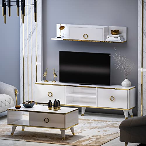 Homidea Sophia Wohnwand – Wohnzimmer TV Set – TV Schrank – TV Lowboard – Fernsehtisch - TV Möbel mit 2 Türen und Wandregal in glänzendem Design (Weiß)