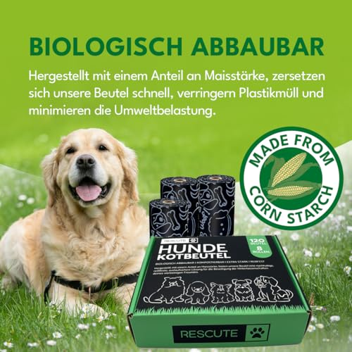 Rescute Hundekotbeutel Biologisch Abbaubar & Kompostierbar | 120 Extra Starke & Reißfeste Hundebeutel | Hergestellt mit Maisstärke | Öko Kotbeutel für Hunde | 8 Rollen