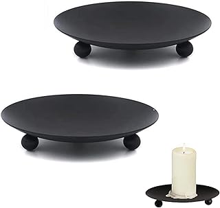 2Pcs Candle Holders, Black Retro Pillar Candle Holder 11cm Iron Candle Plate Candlesticks Candle Tray Decorations for Home, Wedding, Parties, Pray Decoration
