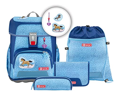 Step by Step Schulranzen-Set Cloud „Wild Horse“ 5-teilig, blau, Pferde-Design, ergonomischer Tornister mit Reflektoren, höhenverstellbar mit Hüftgurt für Mädchen ab der 1. Klasse, 19L