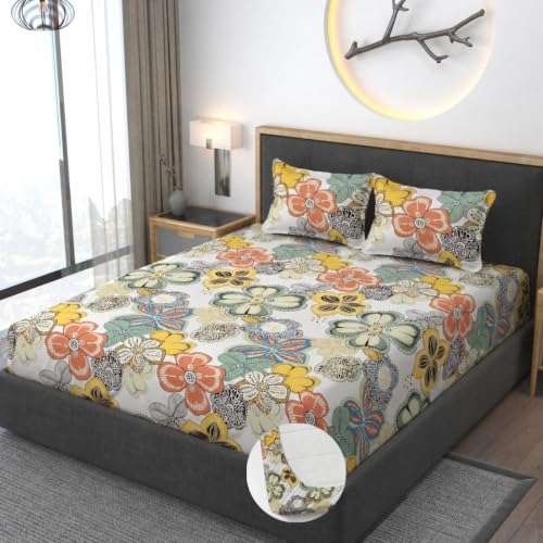 Image of Vaini Premium Heavy Cotton Elastic Fitted Bedsheets with 2 King Size Pillow Covers || Double Bed with All Around Elastic 350 (Cream Big Flower, 72x72 Inch King Fitted)