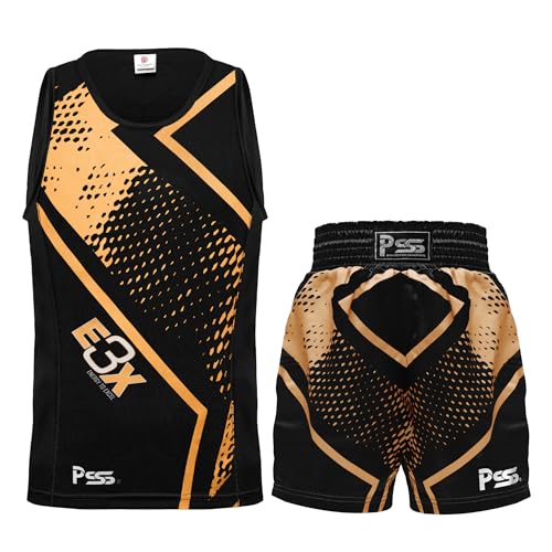 PSS Boxing Uniform Short and vest (Two-Piece) – Pro Training and Sparring Fight Boxing Competition Gear Lightweight, Breathable & Moisture-Wicking Fabric For Boys & Girls (Golden, 9-10 Years)