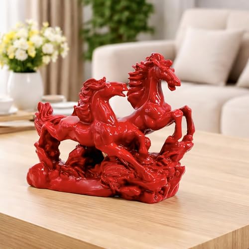 Vastu Two Red Running Horses Showpiece Figurine Statue Sculpture for Home, Living Room, Centre Table Decor Items | Fengshui Horses Statue for Good Luck, Wealth and Success