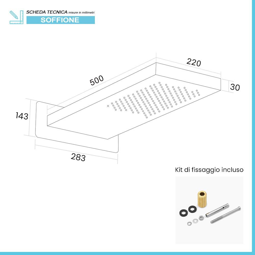 Soffione doccia a sbalzo cromo lucido 22x50 effetto pioggia, in acciaio inox