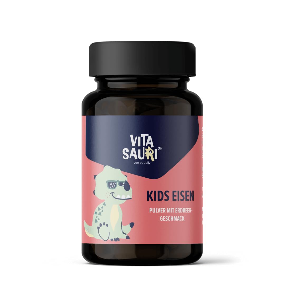 Vitasauri Kids Eisen - Eisenpulver für Kinder mit Lactoferrin & Vitamin C aus Acerolaextrakt - Leckerer Erdbeer-Geschmack - Vegetarisch - Ohne Zucker (65 g)