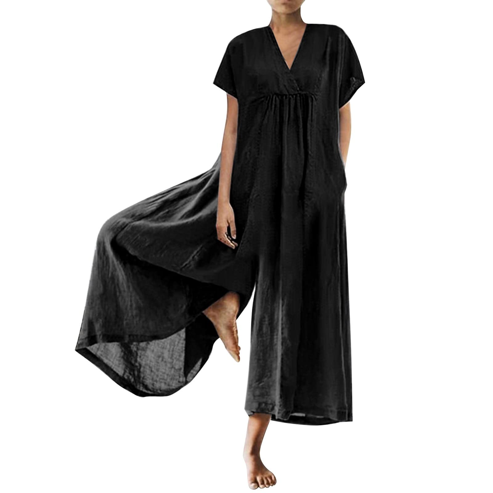 L9WEI Mono de lino de talla grande para mujer, de verano, holgado, con cuello en V, pelele ligero con bolsillos de pierna ancha monocolor