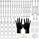 100 PCS Piercing Kit 14G 16G Nose Septum Rings Silver Piercing Jewelry for Nose Belly Button Tongue Body Piercing Tools Kit with 20 PCS 12G 14G Piercing Needle