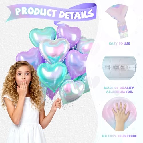Image of Iridescent Heart Balloons, 10 Pcs Crystal Heart Shaped Balloon, 18 Inch Transparent Gradient Blue Purple Foil Balloons for Engagement Brithday Baby Shower Wedding Valentines Mermaid Party Decoration