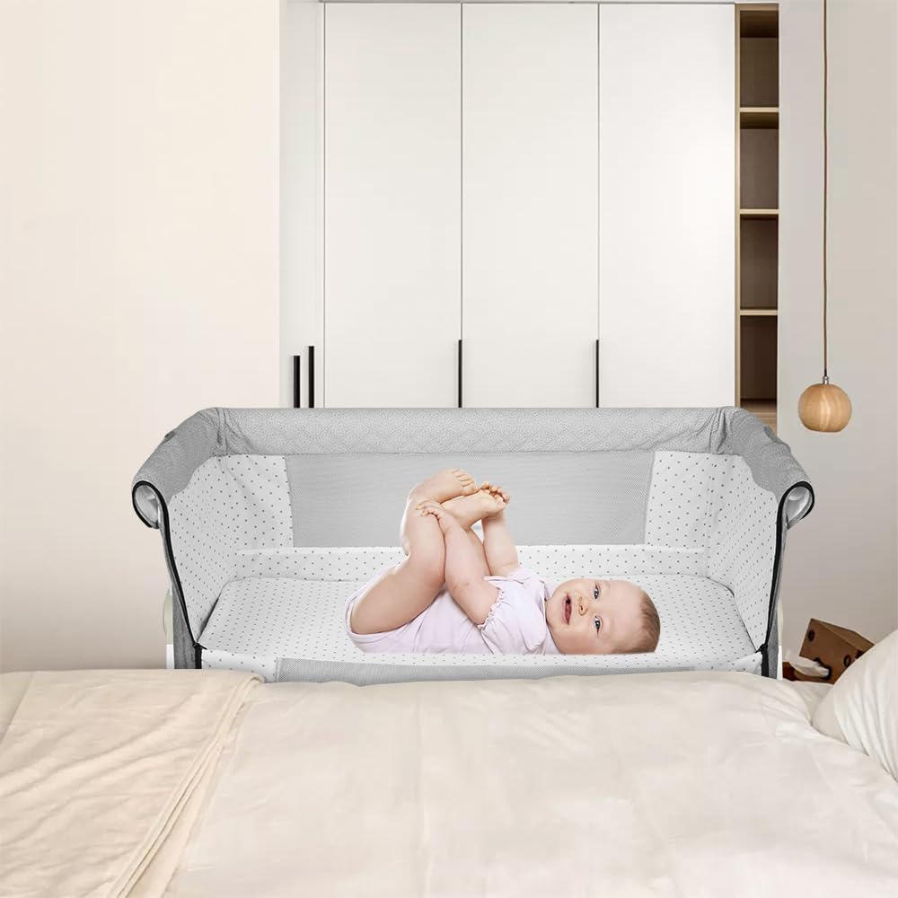 Supfine Berceau Cododo 4 en 1 Lit Bébé Multifonction avec Table à Langer et Rangement, 6 Niveaux de Hauteur, Lin Gris 95x50x98-110 cm