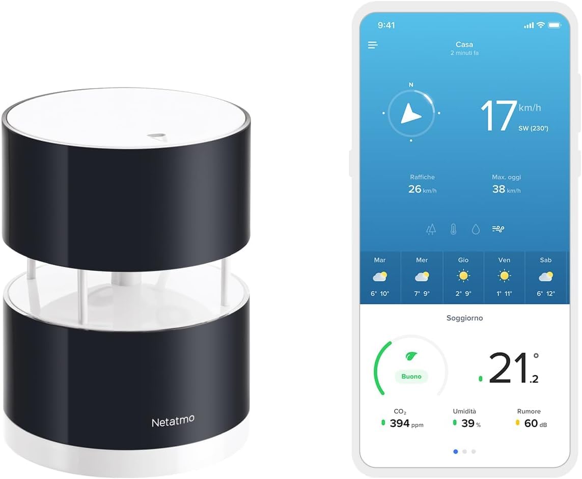 Netatmo Nws01-Ec Stazione Meteo Con Sensore Esterno Wireless, Bianco Argento & NWA01-WW Wind Gauge - Anemometro Intelligente per Stazione Meteo Netatmo