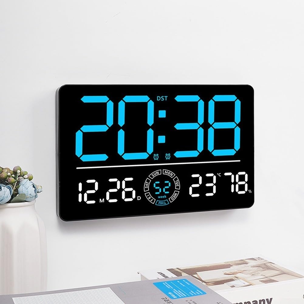 Moderno reloj de pared digital LED con ajuste automático inalámbrico, visualización de temperatura y calendario perpetuo, alarma de brillo ajustable para decoración de sala de estar y
