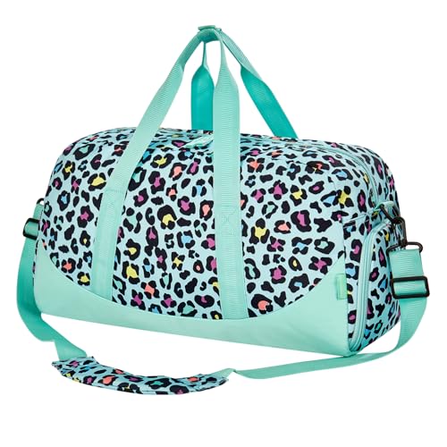 Choco Mocha Kids Duffle Bag, Girls Cheetah Leopard Overnight Travel Bags for Kid with Shoes Compartment, Large Weekender Bag for Sleepover, Teal