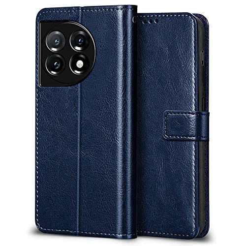 Image of WOW IMAGINE Shock Proof Flip Cover Back Case Cover for 1+ OnePlus 11R 5G (Flexible | Leather Finish | Card Pockets Wallet & Stand | Blue)