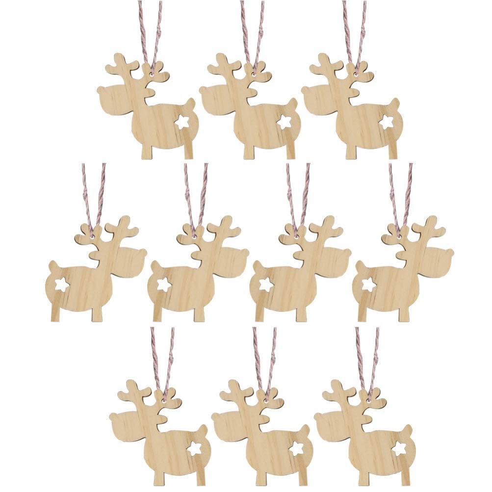 10Pcs Christmas Wooden Hanging Ornaments Elk Reindeer Xmas Christmas Tree Hanging Crafts Decorations Holiday Festive Season Pendants for Home Bar Shop