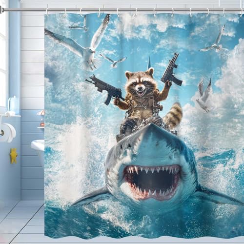 Image of Funny Kids Shower Curtain, Cool Raccoon Riding Shark Ocean Shower Curtains for Bathroom, Fun Nautical Animal Fabric Bathroom Accessories Decor Curtain, with Hooks 72x72 Inch