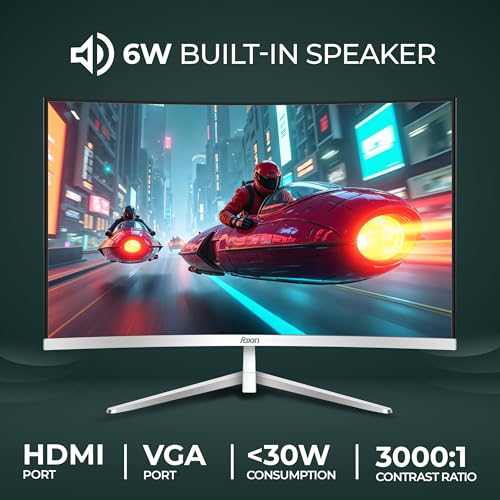 Image of Foxin Elite Pro 24 Inch Curved LED Monitor | 100Hz Refresh Rate |1800R Curve| Full HD 1080p| Built in Speaker | Bezel Less Design | HDMI & VGA Ports | White | 3 Yrs Warranty