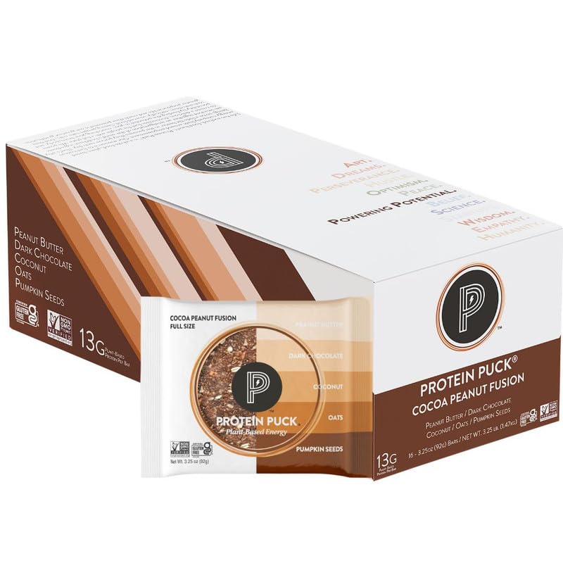 Image of Protein Puck Plant Based Protein Bars 16 Count 3.25oz Full Size CocoaFusion | Snacks with Vegan Protein, Gluten Free, Non Dairy, Kosher Certified Non GMO Premium Healthy Bars