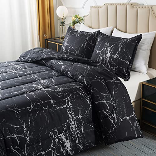 Image of Caressma Twin Size Black Marble Comforter Set, Lightweight Soft 100% Microfiber Bedding Comforter Sets, Fluffy Comforter with Pillowcase 2 Pieces