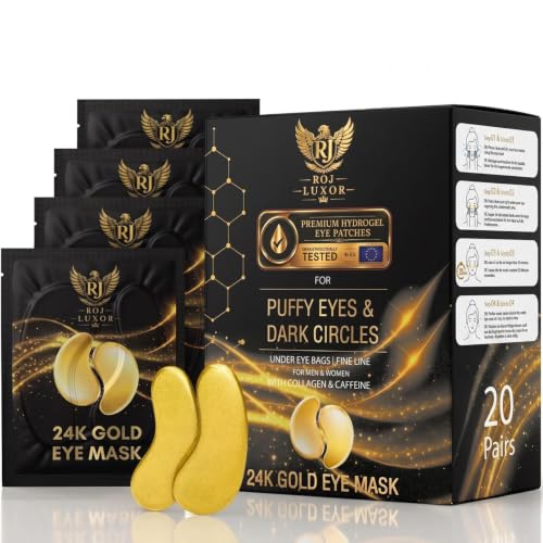 ROJ LUXOR Parches para Ojos 20 Pares – Parches de Oro 24K para Ojeras y Bolsas con Colágeno, Cafeína, Ácido Hialurónico y Niacinamida – Para Mujeres y Hombres