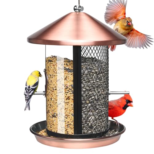 Kingsyard Metal Bird Feeder for Outdoor Hanging - Chew Proof Bird Finch Cardinal Feeder with Dual Chamber of 4 lbs Capacity for Bluebird, Antique Copper