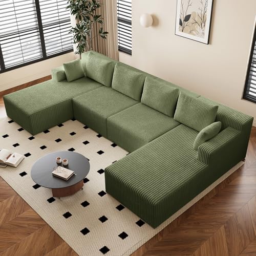 Image of 142 inch U-Shape Cloud Couch, Modern Modular Sectional U-Shape Sofa, Corduroy Boneless Couch Upholstered Couches Deep Seat Sleeper Chaise Longue for Living Room, No Assembly Required,Green