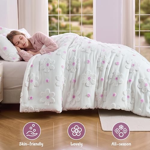 Image of Full Comforter Set for Girls Soft Pink Tufted Daisies Flowers Bedding Sets | CotComf 3 Pieces Full Size Floral Bedding Set for Girls Full Bed in A Bag Cute Comforter Bed Set for Kids Teen Girls Women