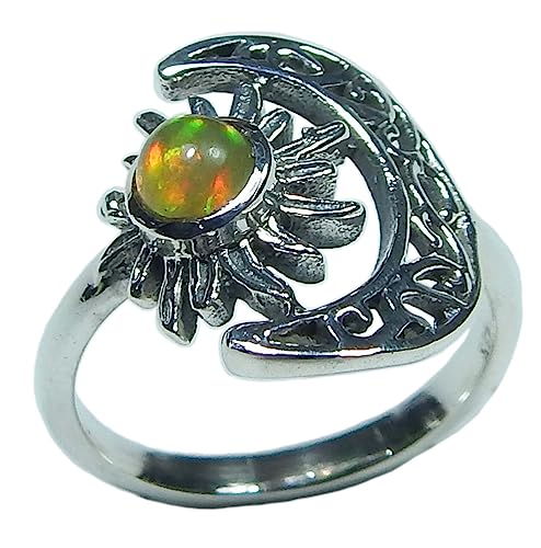 Image of Crescent Moon And Sun Natural Ethiopian Multi Fire Opal Ring 925 Sterling Silver Ethiopian Opal Ring Jewelry Vintage Ring Gift For Her