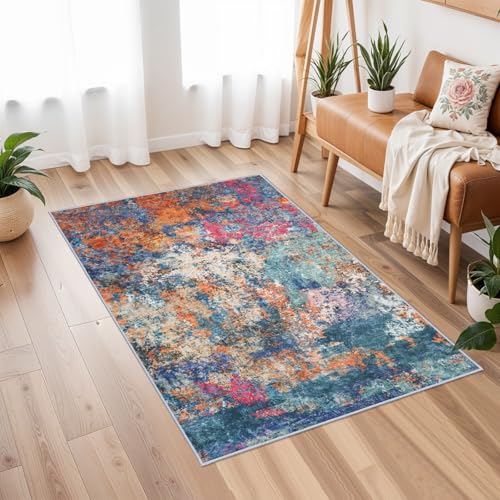 Soft Washable Abstract 2x3 Rugs - Living Room Bedroom Large Area Rug Indoor Farmhouse Stain Resistant Carpet Non-Slip Machine Washable Distressed Soft Room Decor 2x3 Colorful/Multi