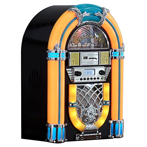 Arkrocket Athena Mini Jukebox/Tabletop CD Player/Bluetooth Speaker/Radio/USB and SD Card Player with Retro LED Lighting System (Yellow Green)