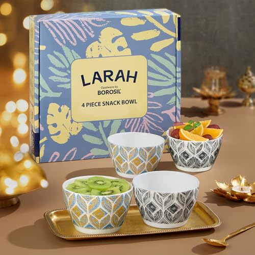 Image of Larah by BOROSIL Opalware Bowl | Microwave & Dishwasher Safe Dinner Bowls for Salad, Fruits, Dal, Maggi, Snacks, Cereal | Breakfast Bowls | Ideal Crockery for Gifting (Art & Craft, 4pc Set)