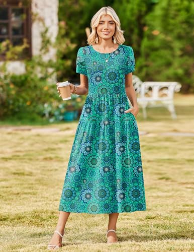 Image of Zeagoo Summer Dresses for Women 2026 Maxi Bohemian Floral Short Sleeve Long Dress Casual Flowy Tired Beach Sundress