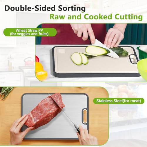 Tabla de cortar de acero inoxidable para cocina, reversible 304 acero inoxidable y paja de trigo, doble cara para picar carne y verduras, regalos de cocina fácil de limpiar miniatura 5