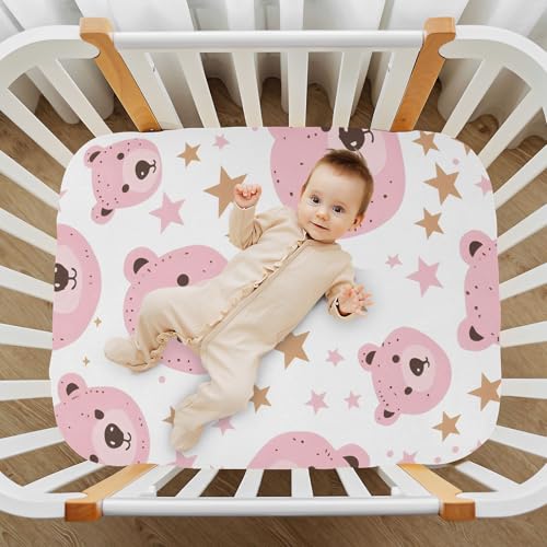 Image of Pink Bears Stars Crib Sheets Stretchy Portable Sheets for Baby Toddler Breathable Soft Crib Mattress Sheet for Girls Boys