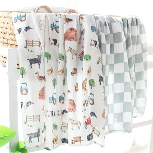 Image of LifeTree Muslin Swaddle Blankets, Farm Animals Baby Swaddling Wrap Nursery Receiving Blanket for Boys & Girls, Soft 70% Viscose from Bamboo and 30% Cotton, Large 47 x 47 inches