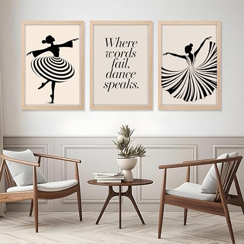Image of NoWorries Minimalist Ballet Dancer Wall Art Framed Painting Set of 3 | Black & White Dance Silhouette Prints with Frame | inchWhere Words Fail, Dance Speaks inch Quote | Modern Aesthetic Ballet Decor Frames for Living Room, Bedroom and Studio, Framed Artwork Ready to Hang (Art-9, 13x19inch, Wooden)