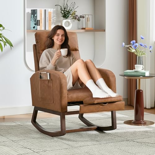 PeacefulHues Rocking Chair Nursery with Foot Rest, Modern PU Upholstered Reading Glider Rocker Accent Armchair with High Backrest, Padded Seat, Side Pocket, for LivingRoom, Bedroom, Baby Room