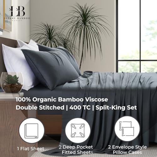 Image of Split King Size Sheet Set | 2 Fitted Sheets for Sleep Number & Adjustable Beds | Organically Grown | Ultra Soft & Cooling |100% Viscose | 17 inch Deep Pocket [Charcoal Grey]